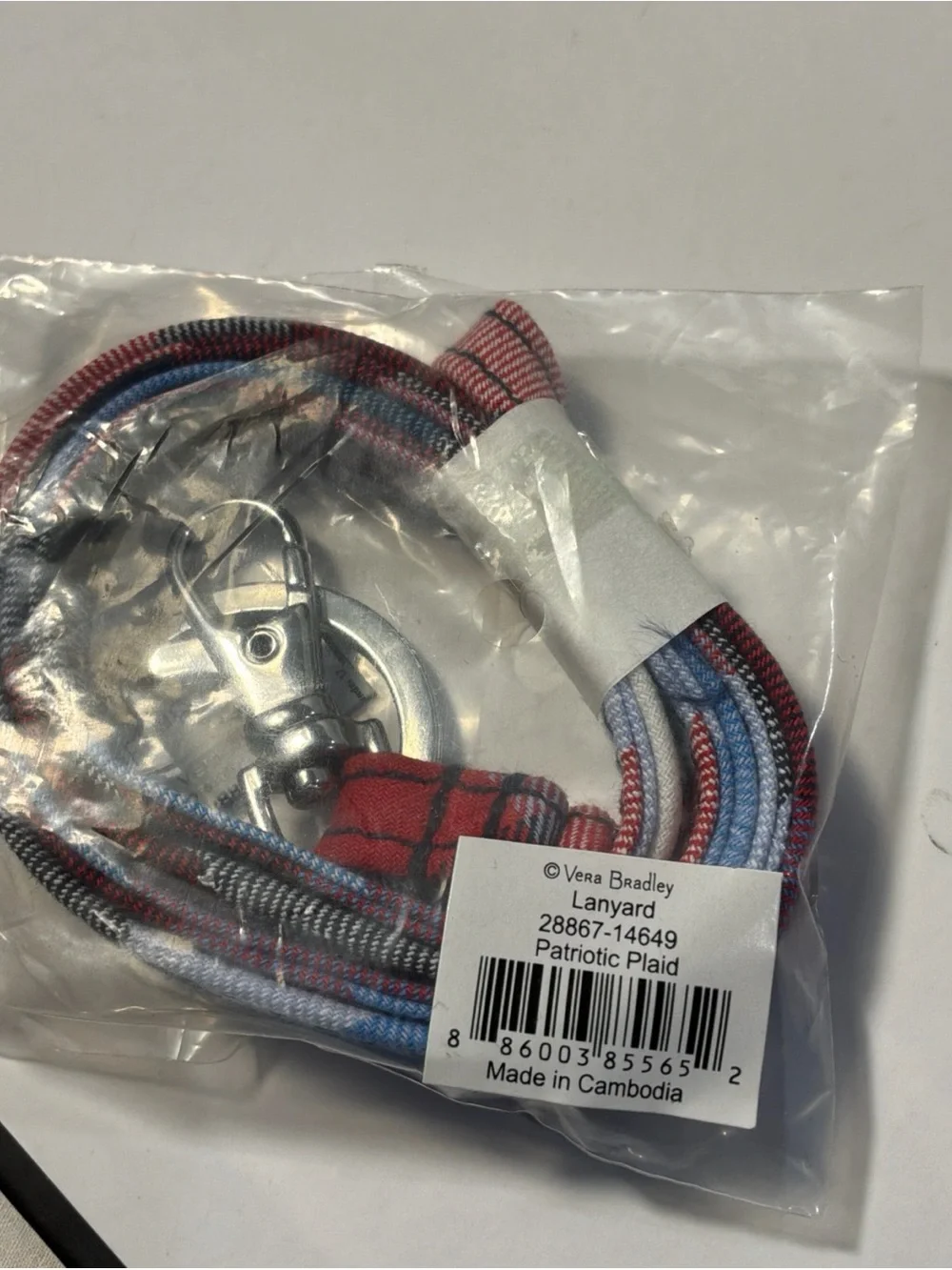 NWT Vera Bradley Lanyard w/ Ring and Lobster Clip Patriot Red Plaid Blue White
